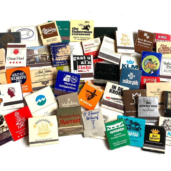 50 vintage matchbooks, vintage matches, matchbook prints, vintage matchboxes, labels, matches ephemera