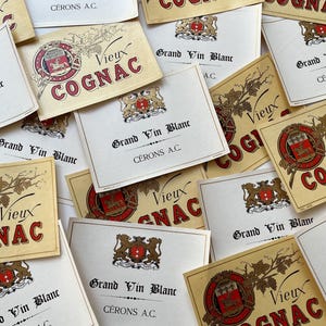 20 vintage wine labels, cognac bottle prints, vintage liquor labels, wine ephemera, French and European alcohol labels