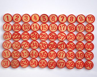 60 vintage bingo lotto game pieces, bingo game pieces, tombola tokens, wooden numbers, collage, altered art supplies