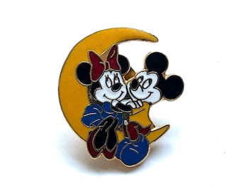Vintage Mickey Mouse pin, pin, Mickey and Minnie Mouse on Moon enamel pin, Disney pinback jewelry gift