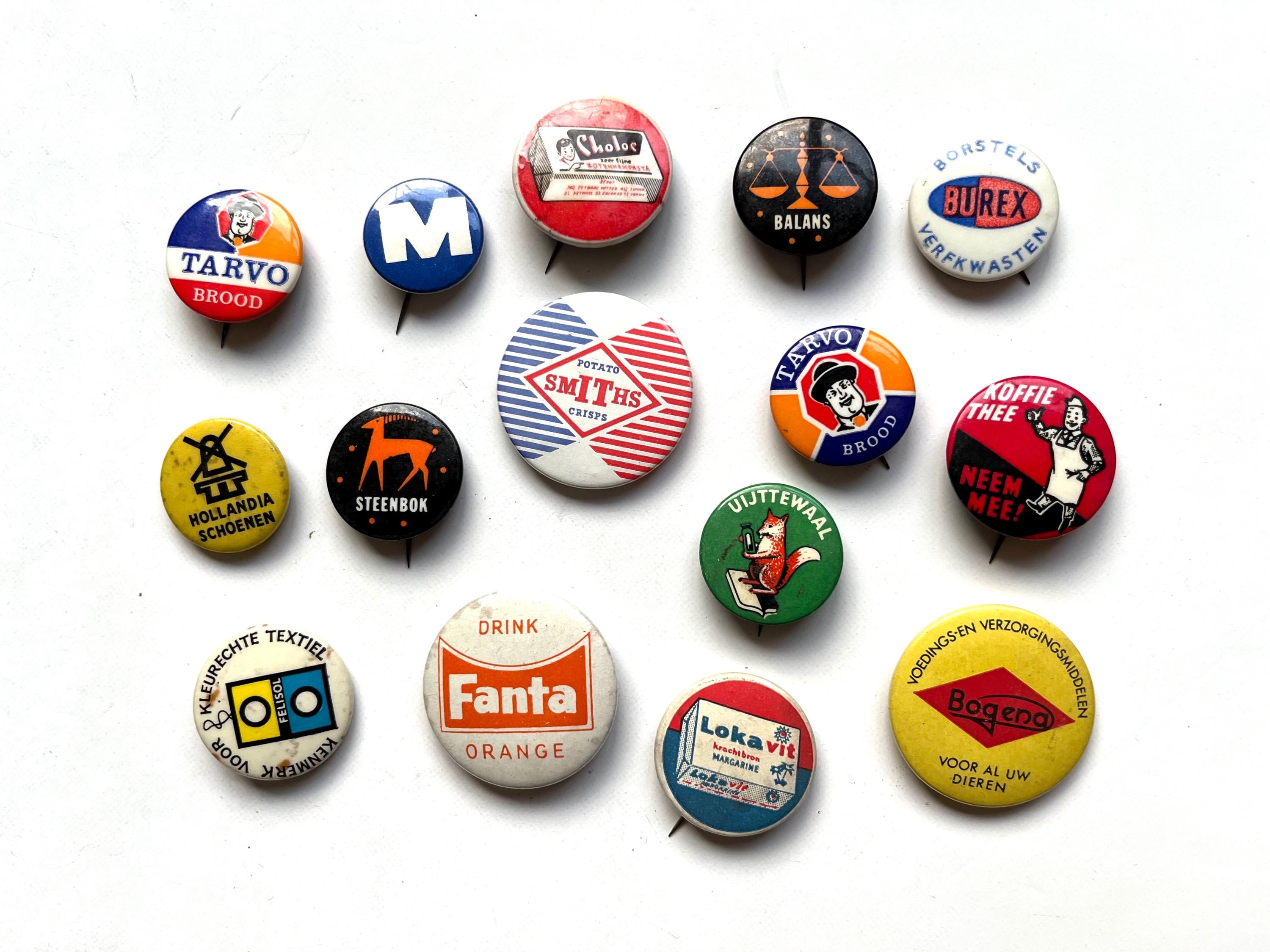 15 Vintage Pinback Buttons, Retro 1970s Dutch Advertising Backpack Pins ...