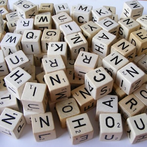 25 vintage letter dice, wooden dice set with letters, replacement pieces, game parts for crafting