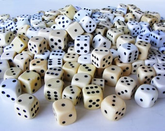 50 white dice, bulk dice, plastic dice mix, vintage game pieces, replacement dice
