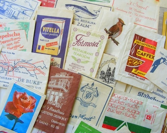 100 vintage suger bags, sugar wrappers, packs, labels, ephemera for scrapbooking, mixed media, crafting, journaling supplies, altered art