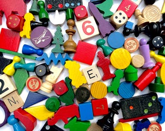 100 wooden game parts, vintage tile mix, lot includes letters, pawns, scrabble letters, bulk board game pieces