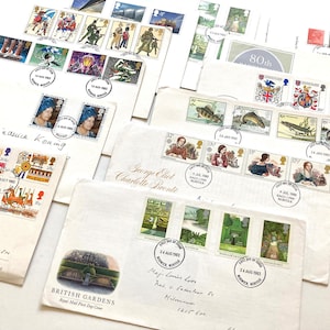 12 vintage envelopes, British First day covers with postage stamps, used air mail envelopes, collage and scrapbooking, paper ephemera