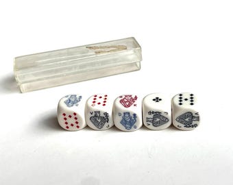 5 vintage poker dice in box, plastic revanche casino poker game set, liar’s game, bluff