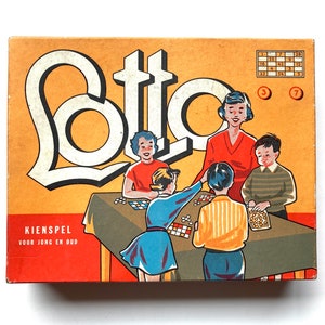 Vintage lotto game with 90 wooden numbers, vintage tombola, lotto game pieces, tombola game tokens and cards