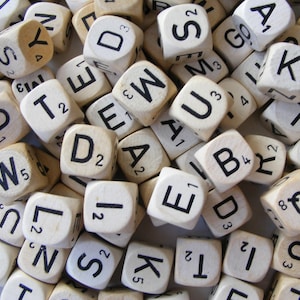 25 dice with letters, vintage game pieces lot, dice mix, bulk scrabble dice