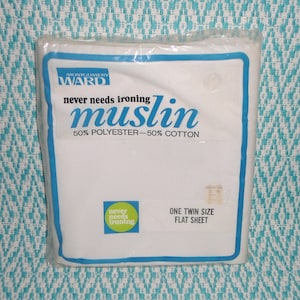 Vintage Flat Twin Sheet No Iron White Muslin Sheets Montgomery Ward unused in Original Packaging Bedding Bed Linens
