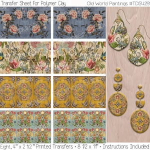 May include: Eight printable transfer sheets for polymer clay featuring floral and geometric designs. The sheets are 8.5 inches by 11 inches. The image also shows earrings made with the transfer sheets.
