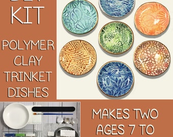 DIY Craft Kit | Makes TWO Clay Trinket Dishes | Age 7-70 | Easy Beginner Level | Clay Kit GIFT | Polymer Clay | Pastel Chalk | Party Crafts