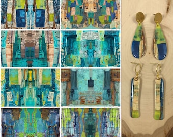 May include: Eight 4-inch by 2 3/8-inch printed transfer sheets for polymer clay. The sheets feature a blue and green collage design. The image also shows a pair of blue and green collage earrings with gold accents. The text "Blue/Green Collage #TDS237" is visible in the image.