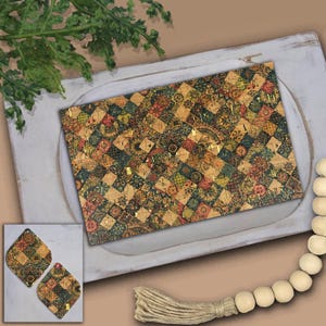 May include: A rectangular sheet of cork fabric featuring a repeating diamond pattern in shades of green, red, orange, and tan, accented with gold foil details. Two diamond-shaped earrings with the same pattern are shown in the bottom corner.