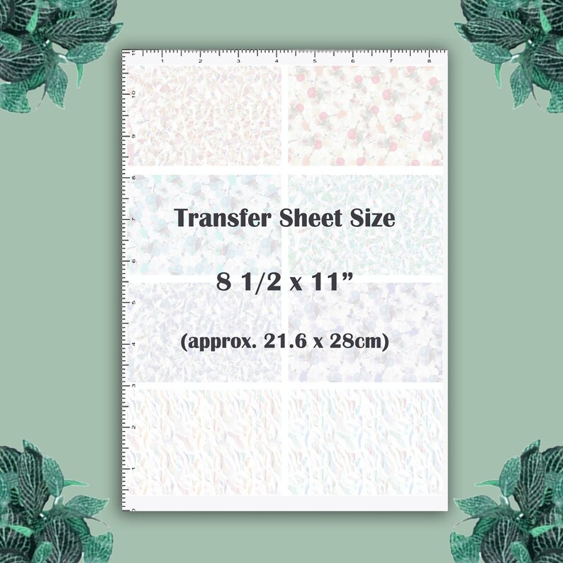 May include: A white transfer sheet with a variety of patterns, including floral and abstract designs. The sheet measures 8 1/2 inches by 11 inches, or approximately 21.6 centimetres by 28 centimetres.