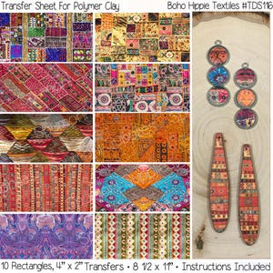 May include: A sheet of 10 colorful patterned transfer designs for polymer clay. The designs are 4 inches by 2 inches. The sheet is 8.5 inches by 11 inches. The image also shows examples of the designs used on earrings and pendants.
