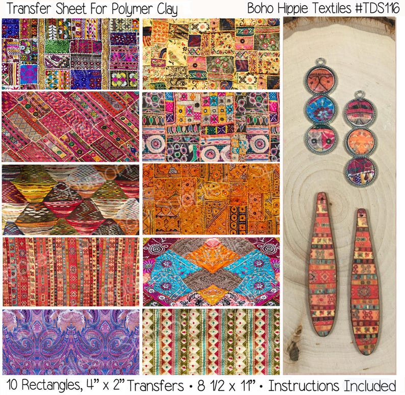 May include: A sheet of 10 colorful patterned transfer designs for polymer clay. The designs are 4 inches by 2 inches. The sheet is 8.5 inches by 11 inches. The image also shows examples of the designs used on earrings and pendants.