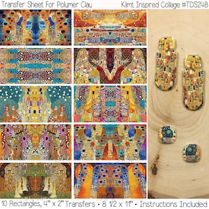 May include: A sheet of 10 rectangular transfer decals featuring a colorful mosaic pattern inspired by the artwork of Gustav Klimt. The decals are 4 inches by 2 inches and are designed for use with polymer clay. The sheet measures 8.5 inches by 11 inches. Instructions are included.