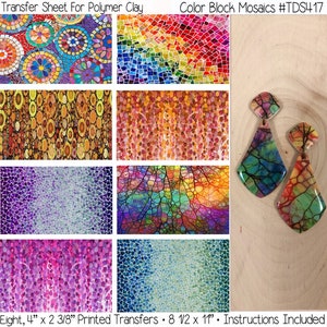 Polymer Clay Transfers Easy Color Block Mosaics No Rinsing Vivid Colors Earrings Pins Barrettes | 8.5&quot; x 11&quot; Instructions Included