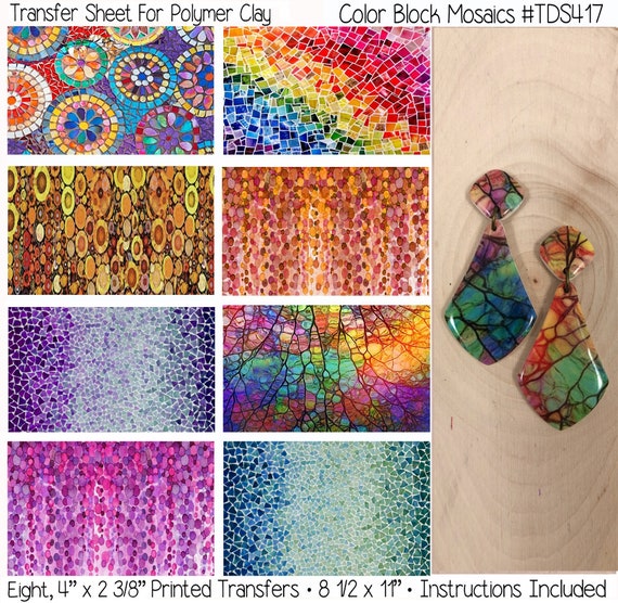 Polymer Clay Transfers Easy Color Block Mosaics No Rinsing Vivid Colors Earrings Pins Barrettes | 8.5" x 11" Instructions Included