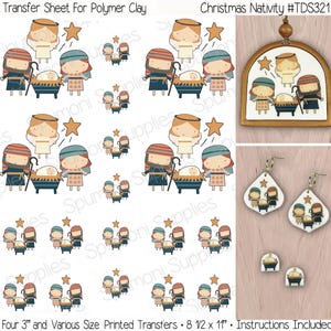 Polymer Clay Transfers, Christmas Nativity, No Water, Ornaments Earrings Transfers Holy Family, Full 8.5 x 11" Sheet, Instructions Included image 1