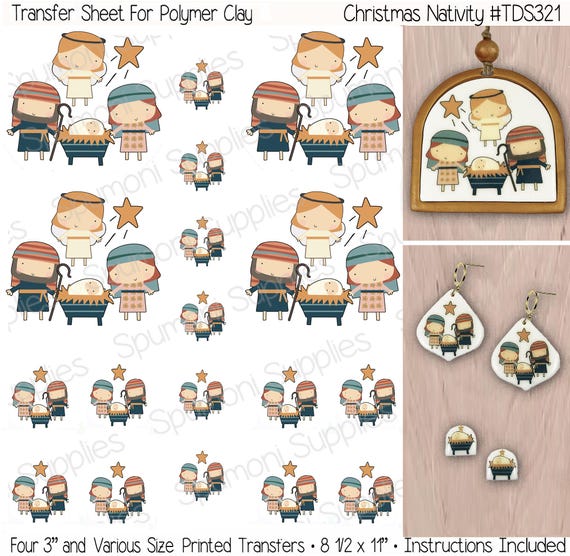 Polymer Clay Transfers, Christmas Nativity, No Water, Ornaments Earrings Transfers Holy Family,  Full 8.5 x 11" Sheet, Instructions Included