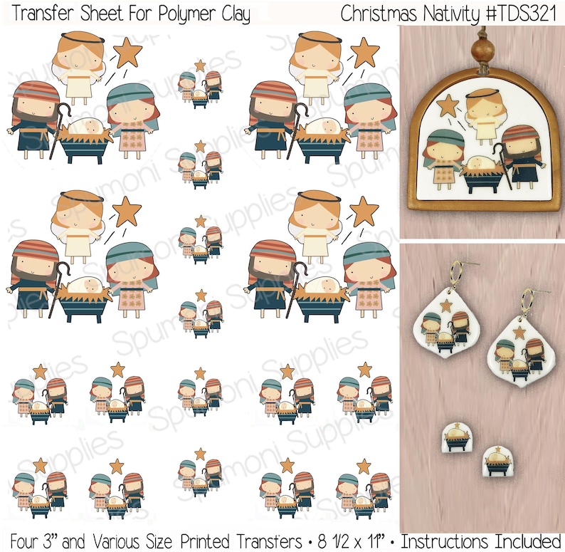 Polymer Clay Transfers, Christmas Nativity, No Water, Ornaments Earrings Transfers Holy Family, Full 8.5 x 11" Sheet, Instructions Included image 1