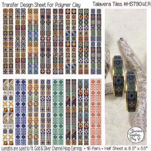 May include: Transfer design sheets for polymer clay featuring Talavera tile patterns. The sheets include various colorful square tile designs, along with two gold-toned hoop earrings with matching tile patterns. The text reads "Talavera Tiles #HST904ER".