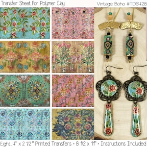 Polymer Clay Transfers | Transfer Images | No Rinsing | Vintage Boho | Image Transfers | Earrings | Full 8.5&quot; x 11&quot; | Instructions Included