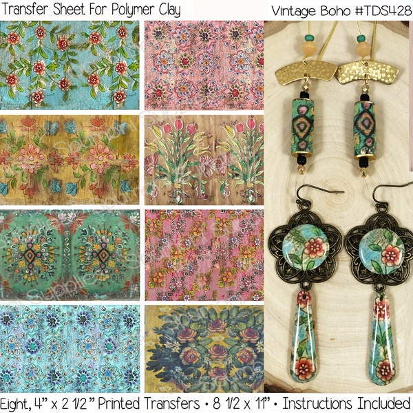 Polymer Clay Transfers | Quick 'n Easy | No Rinsing | Vintage Boho | Image Transfers | Earrings | Full 8.5" x 11" | Instructions Included
