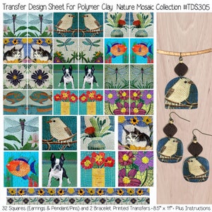 Polymer Clay Transfers | Quick 'n Easy | Nature Mosaics | No Rinsing | Clay Earrings  | 34 Transfers | 8.5" x 11" | Instructions Included