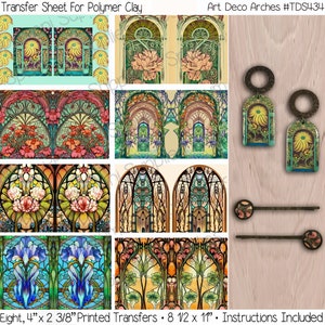 May include: Eight printable transfer sheets featuring Art Deco arches with floral designs. The sheets are 8.5 inches by 11 inches and include instructions. The image also shows examples of earrings and hair clips made with the transfers.