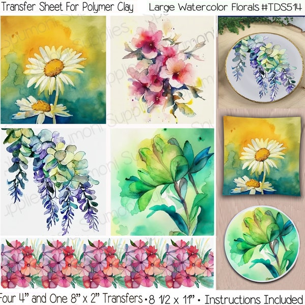 Polymer Clay Transfers Watercolor Florals Large Designs No Rinsing| Ring/Trinket Dish Full 8.5" x 11" Vivid Transfers Instructions Included