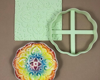 Polymer Clay Lg Bohemian Chic Texture Stamp n Wavy Round Cutter SET Trinket DISH Clay Cutter Sharp Edge PLA Clay Tools Stamp & Cutter 3 3/4"