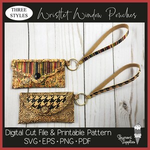 May include: Two cork wristlet window pouches with gold-tone key rings and wrist straps. One pouch features a striped pattern, the other a houndstooth design. The image includes the text "THREE STYLES" and "Digital Cut File & Printable Pattern."
