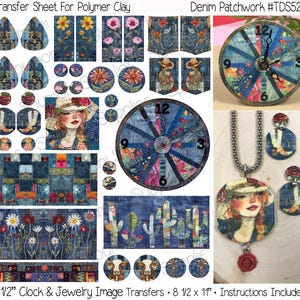 May include: A sheet of 3 1/2 inch clock and jewelry image transfers featuring a denim patchwork design. The sheet includes a clock face, a necklace pendant, earrings, and other smaller designs. The designs feature denim fabric, flowers, cacti, and a cow.