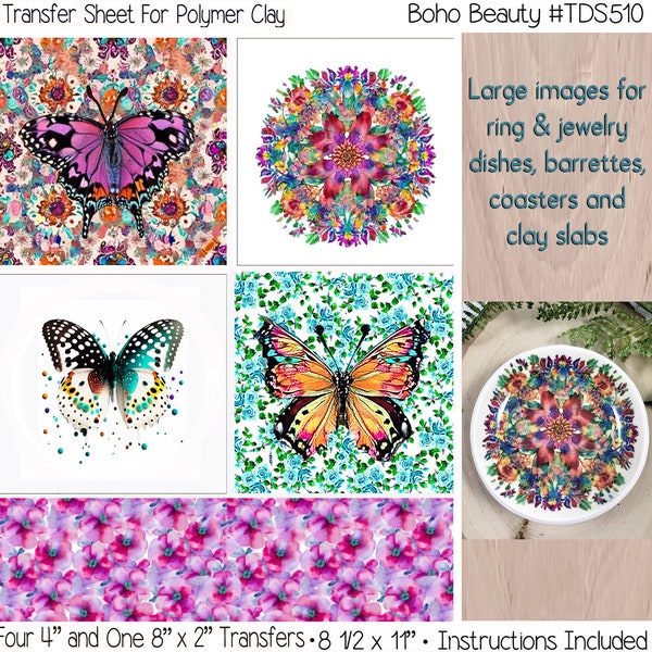 Polymer Clay Transfers | Boho Beauty | Butterflies | No Rinsing | Ring/Trinket Dish | Vivid Clay Transfers | 8.5 x 11 | Instruction Included