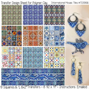 POLYMER Clay TRANSFERS International Mosaic Tiles No Rinsing Full 8.5&quot; x 11&quot; Sheet Clay Earrings Jewelry Barrettes Instructions Included