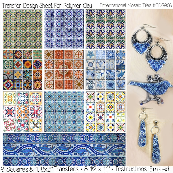 Polymer Clay Transfers | Quick 'n Easy | No Rinsing | International Mosaic Tiles | 8.5 x 11" Sheet | Clay Earrings | Instructions Included