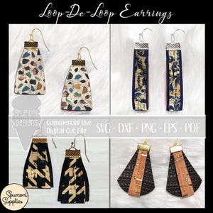 May include: A collection of Loop-De-Loop earrings in various designs. The earrings feature geometric shapes, cork, and colorful patterns. Some have gold-colored hooks, while others have silver-colored hooks. The image also includes the text "Loop-De-Loop Earrings" and "Commercial Use Digital Cut File."