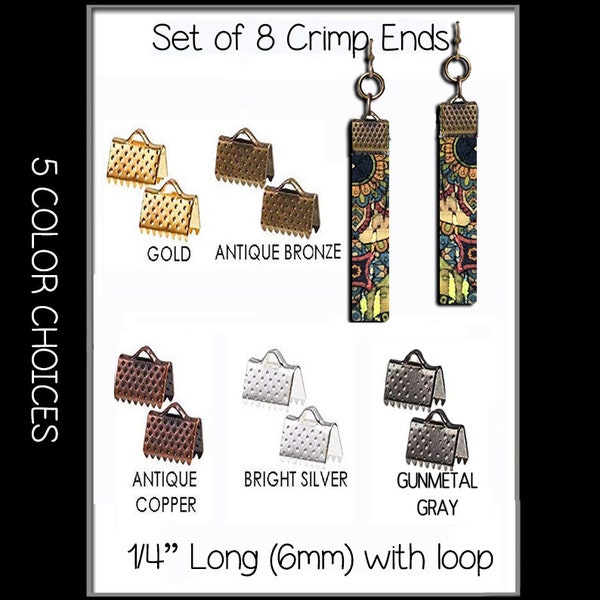 Crimp Ends, 1/4 inch (6mm), Bags of 8 Pc., Cork, Faux Leather, Leather, Ribbon, Jewelry Findings, 5 Metal Color Choices, Earrings, Crimps