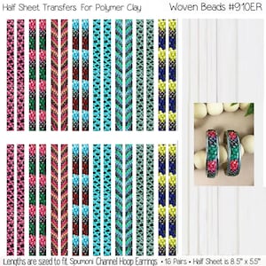 Polymer Clay Image Transfers, No Rinsing, 16 PAIRS Woven Beads Channel EARRING Hoop Size Images 8.5" x 5.5" Half Sheet Instructions Included