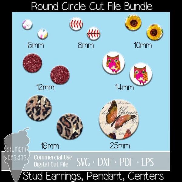 Digital Cut Files, 7 Sizes Round Stud Earring-Pendant BUNDLE, SVG, Fits 6mm, 8mm, 10mm, 12mm, 14mm, 16mm, 25mm Bezels, Cricut, Silhouette