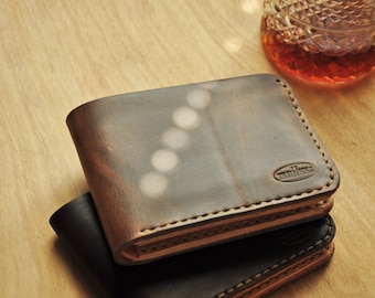 Horenado marrón robusto con cuero curtido vegetal, billetera minimalista, bifold simple para hombre
