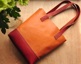 Leather Two-tone Tote Bag / Leather Bag / Leather Purse / Simplistic Tote / Minimalist Bag in Orange and Red Leather