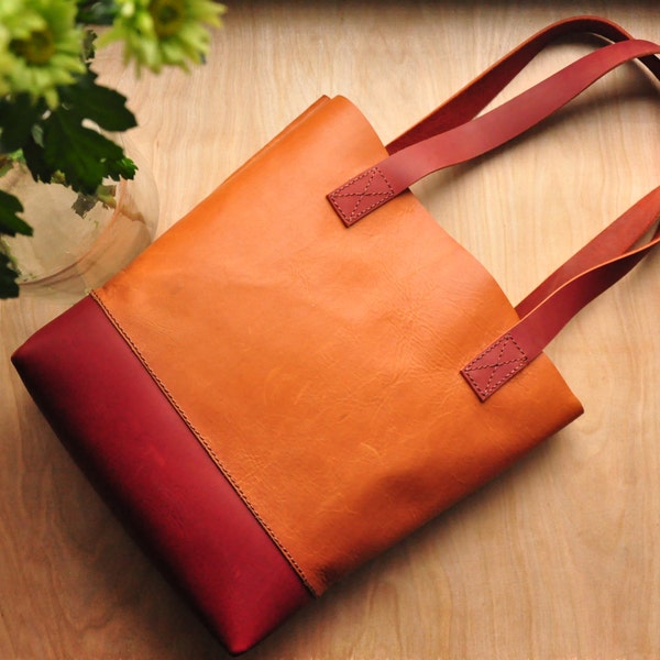 Leather Two-tone Tote Bag / Leather Bag / Leather Purse / Simplistic Tote / Minimalist Bag in Orange and Red Leather