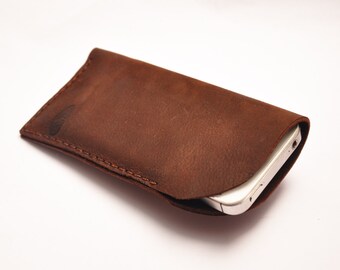 Custom-sized Simple Leather Phone Case / iPhone Pouch / Mobile Sleeve in Dark Brown Full Grain Leather