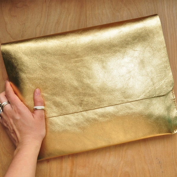 Gold Leather Clutch, Strapless Gold Purse, Gold Leather Sleeve