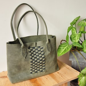 Weben Leder Einkaufstasche / Ledertasche / Leder Geldbörse / vereinfachte Tote / minimalistische Tasche in Wald grün und blau Leder