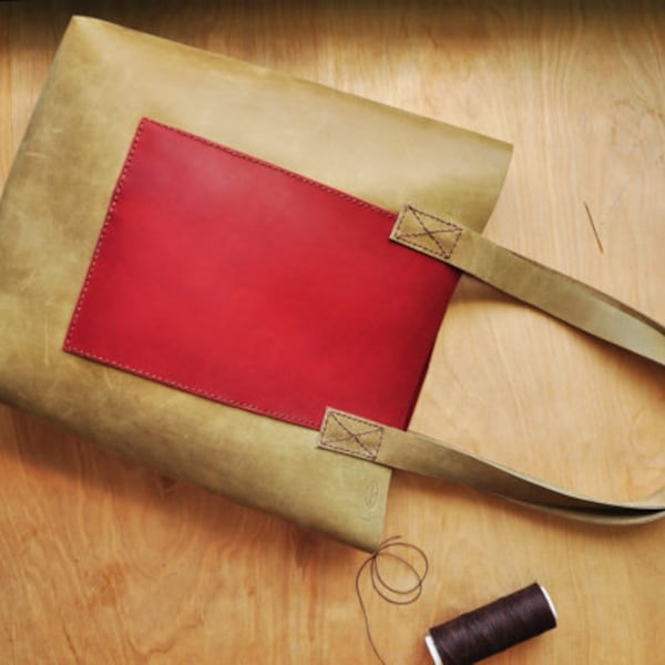 Simple Leather Tote Bag / Leather Bag / Leather Purse / Simplistic Tote / Minimalist Bag in Forest Green and Red Leather